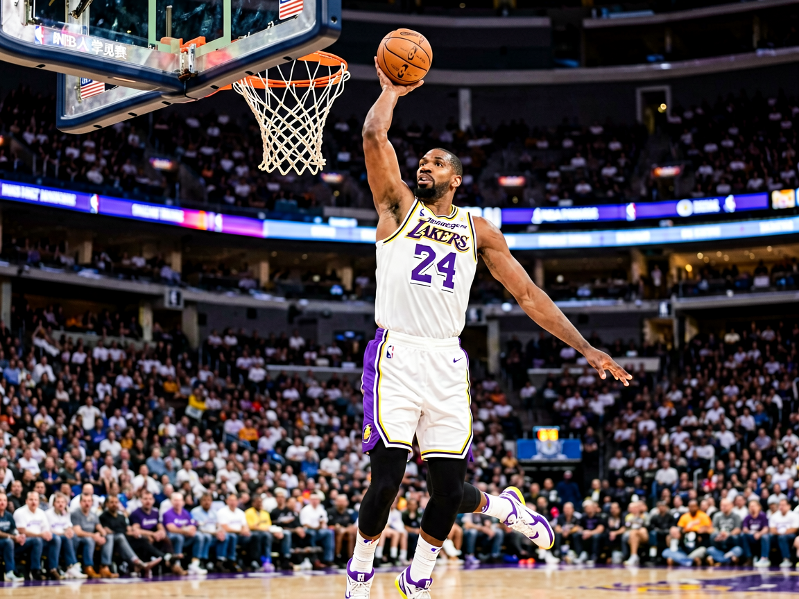 NBA湖人队詹姆斯比赛中突破上篮精彩瞬间